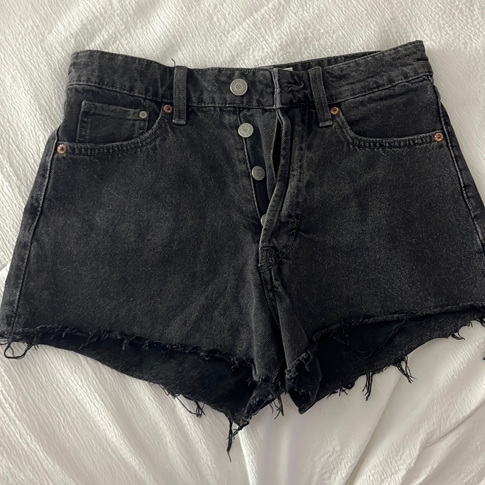 Black distressed denim shorts